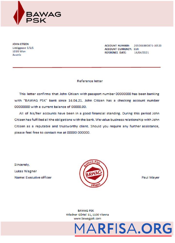 Printable Austria BAWAG PSK reference sample